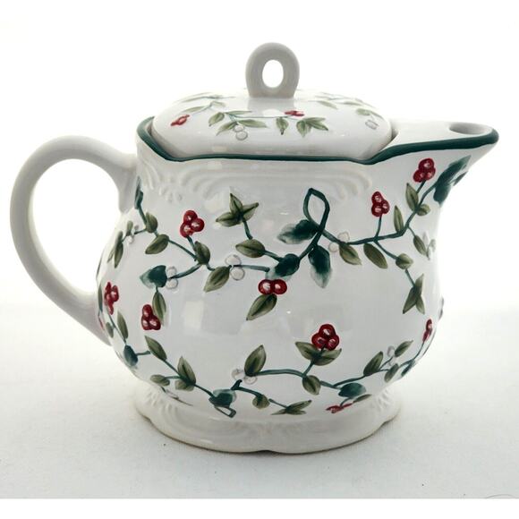 Teapot-Pfalzgraff-Winterberry Pattern-Embossed-White-Green-Red-Holds 24 oz - Picture 8 of 10